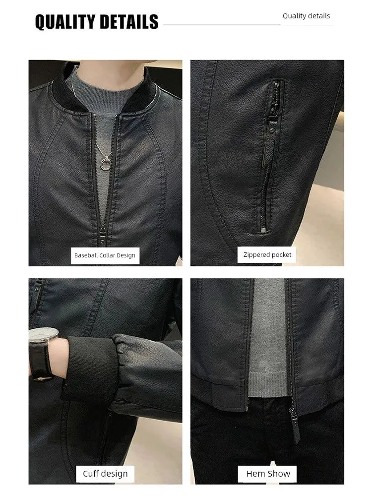 2023 Autumn Leisure Korean-Style Slim-Fit Windproof Leather Jacket