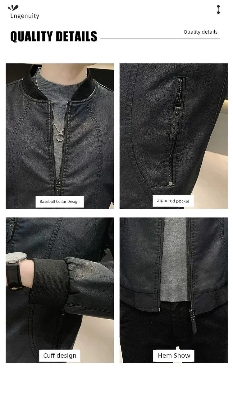 2023 Autumn Leisure Korean-Style Slim-Fit Windproof Leather Jacket