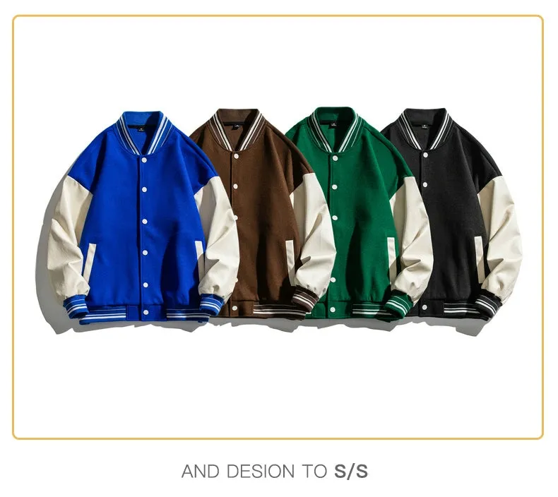 American-Style Casual Multicolor Stand Collar Faux Leather Baseball Jacket