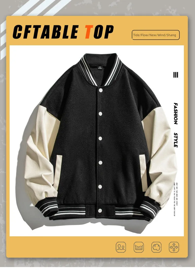 American-Style Casual Multicolor Stand Collar Faux Leather Baseball Jacket