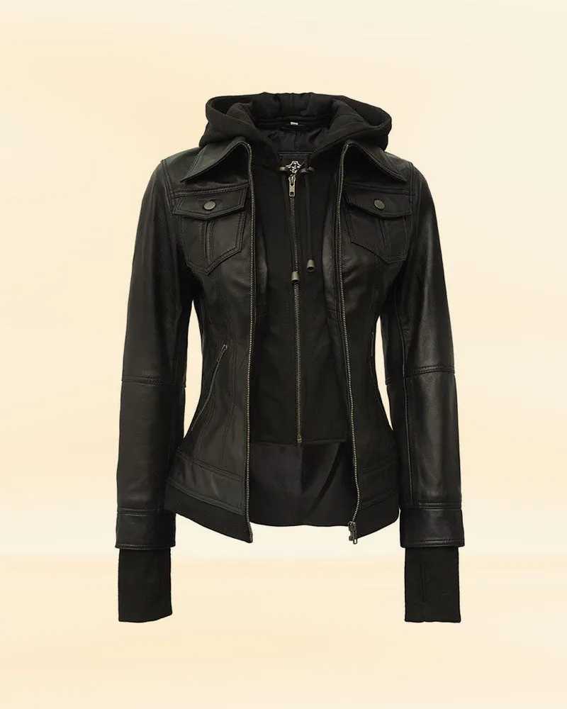 Black Leather Bomber Jacket with Hood