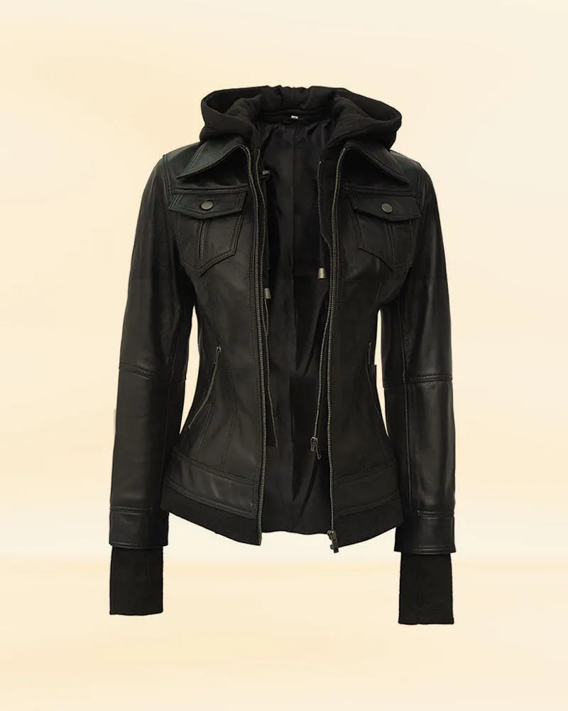 Black Leather Bomber Jacket with Hood