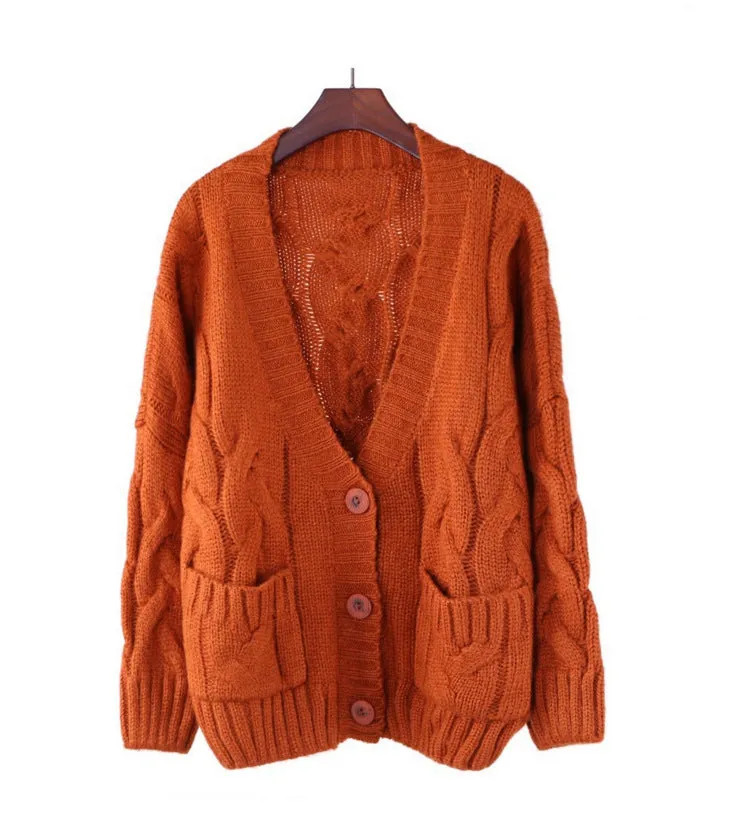 Cable Knit Deep V-neck Buttons Pockets Loose Cardigan