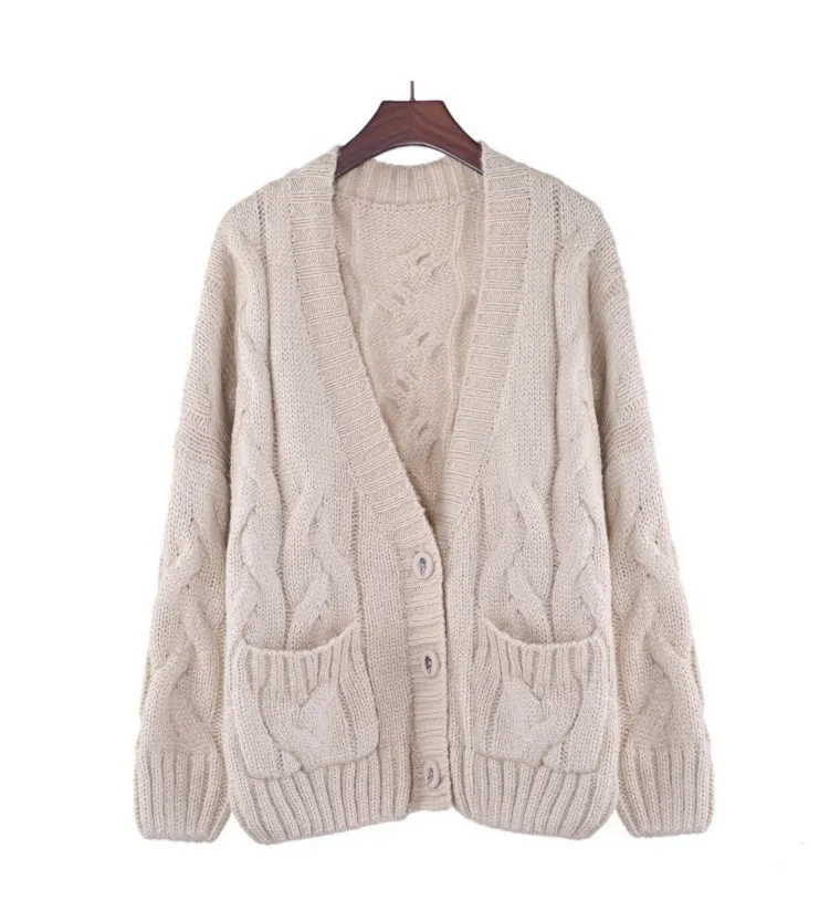 Cable Knit Deep V-neck Buttons Pockets Loose Cardigan