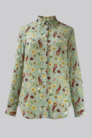 Concordia Petite Fleur Green Silk Crepe de Chine Classic Shirt