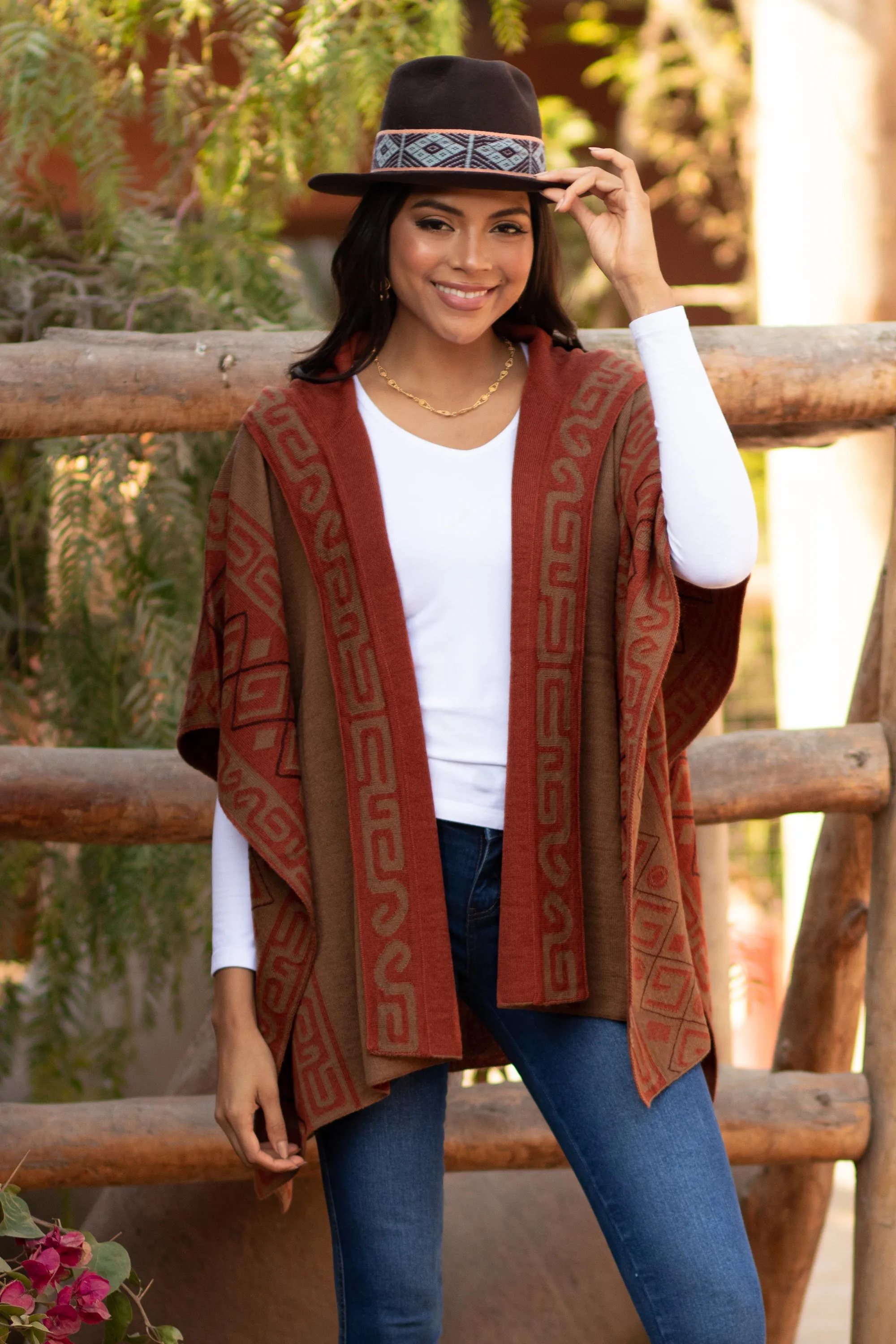 Inca Adventure Reversible Sepia and Pumpkin Alpaca Blend Hooded Ruana