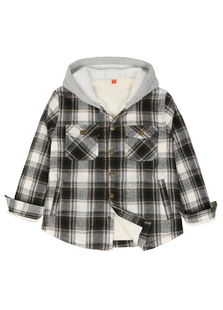 Kids Boys and Girls Fleece-Lined Snap Flannel Shirt,Hooded Plaid Jacket