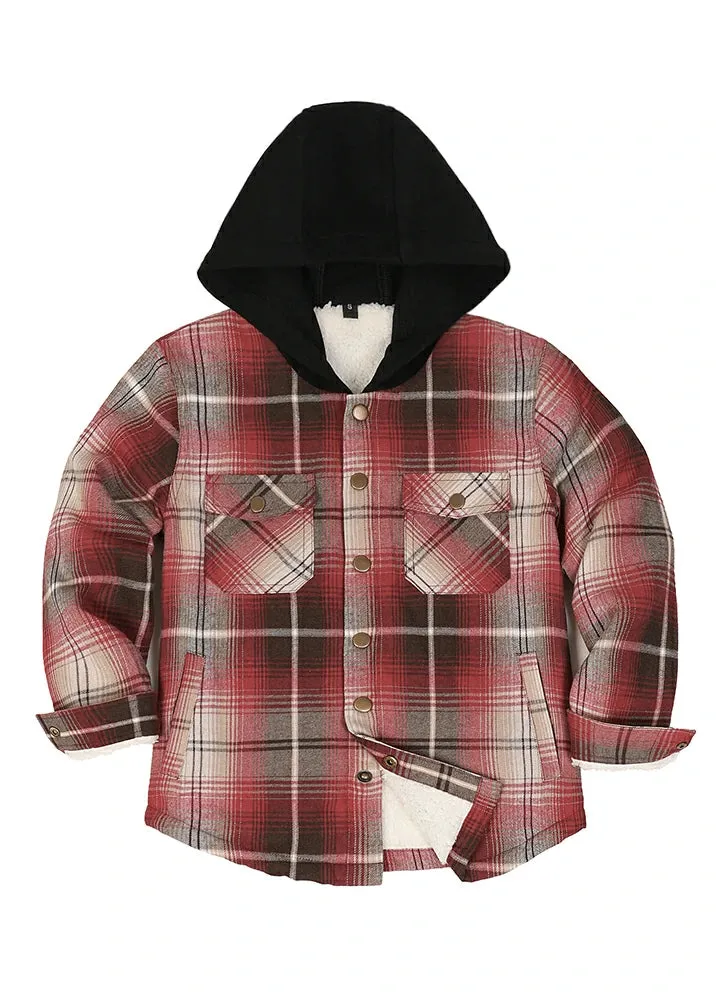 Kids Boys and Girls Fleece-Lined Snap Flannel Shirt,Hooded Plaid Jacket