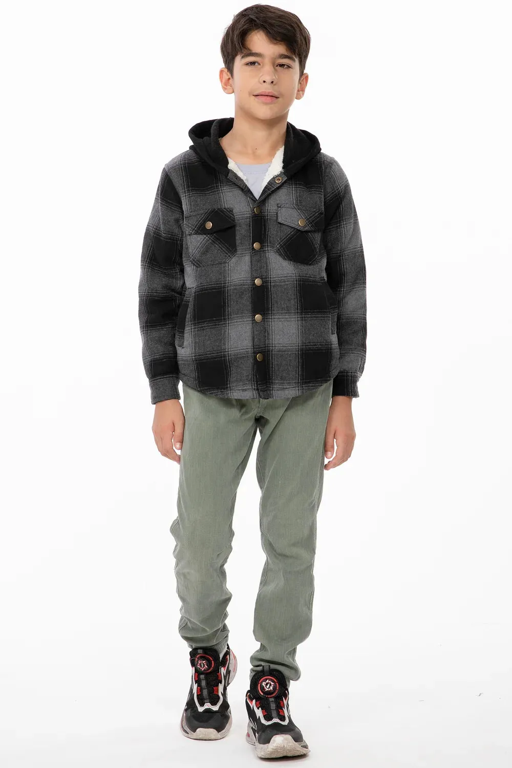 Kids Boys and Girls Fleece-Lined Snap Flannel Shirt,Hooded Plaid Jacket