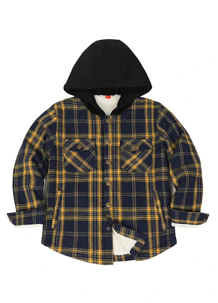 Kids Boys and Girls Fleece-Lined Snap Flannel Shirt,Hooded Plaid Jacket