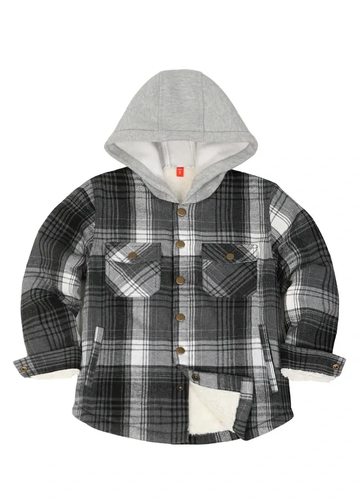 Kids Boys and Girls Fleece-Lined Snap Flannel Shirt,Hooded Plaid Jacket