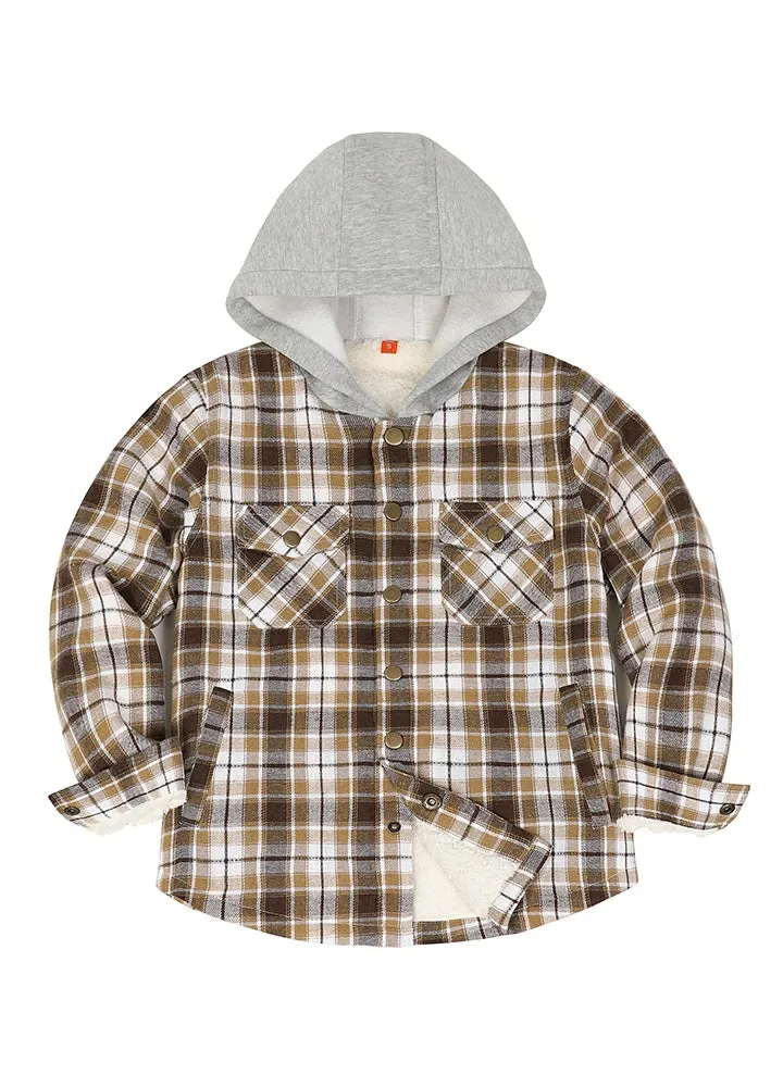 Kids Boys and Girls Fleece-Lined Snap Flannel Shirt,Hooded Plaid Jacket