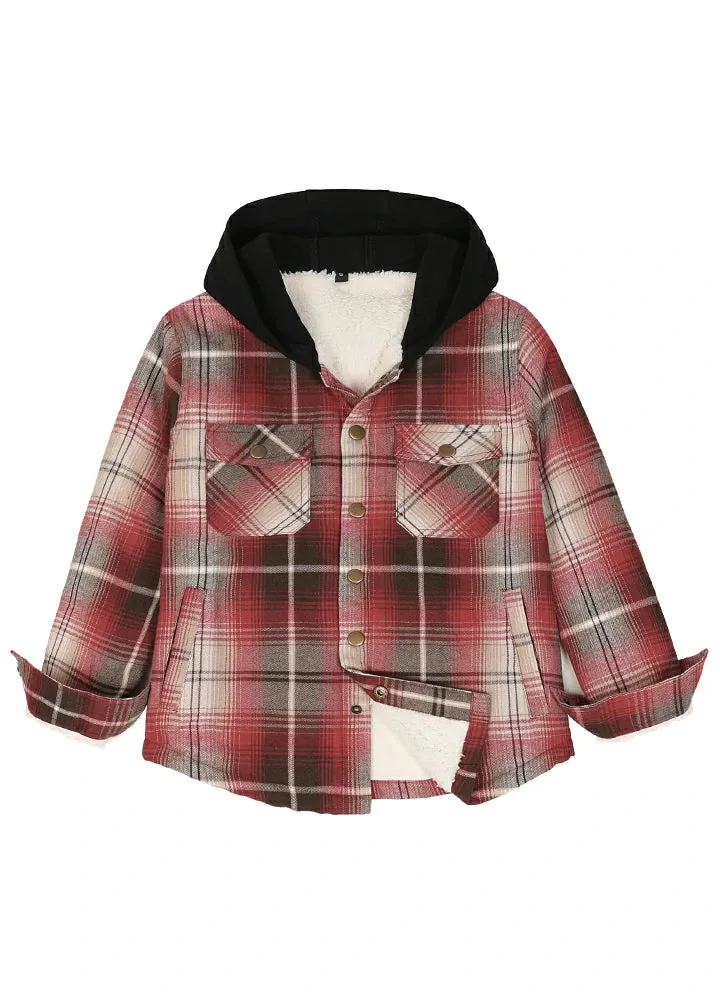 Kids Boys and Girls Fleece-Lined Snap Flannel Shirt,Hooded Plaid Jacket