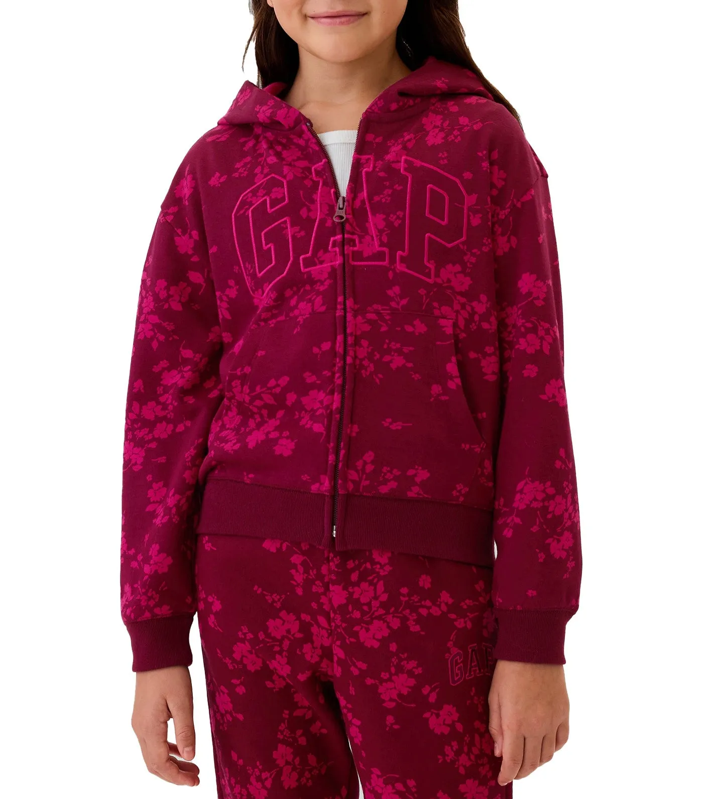 Kids Relaxed Logo Zip Hoodie Burgundy Floral