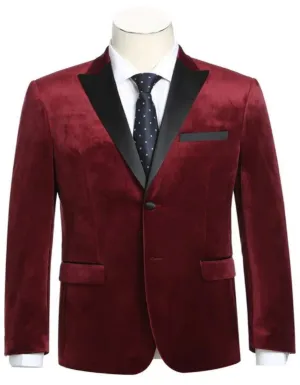 Mens Two Button Peak Lapel Satin Shawl Collar Velvet Prom Tuxedo in Red