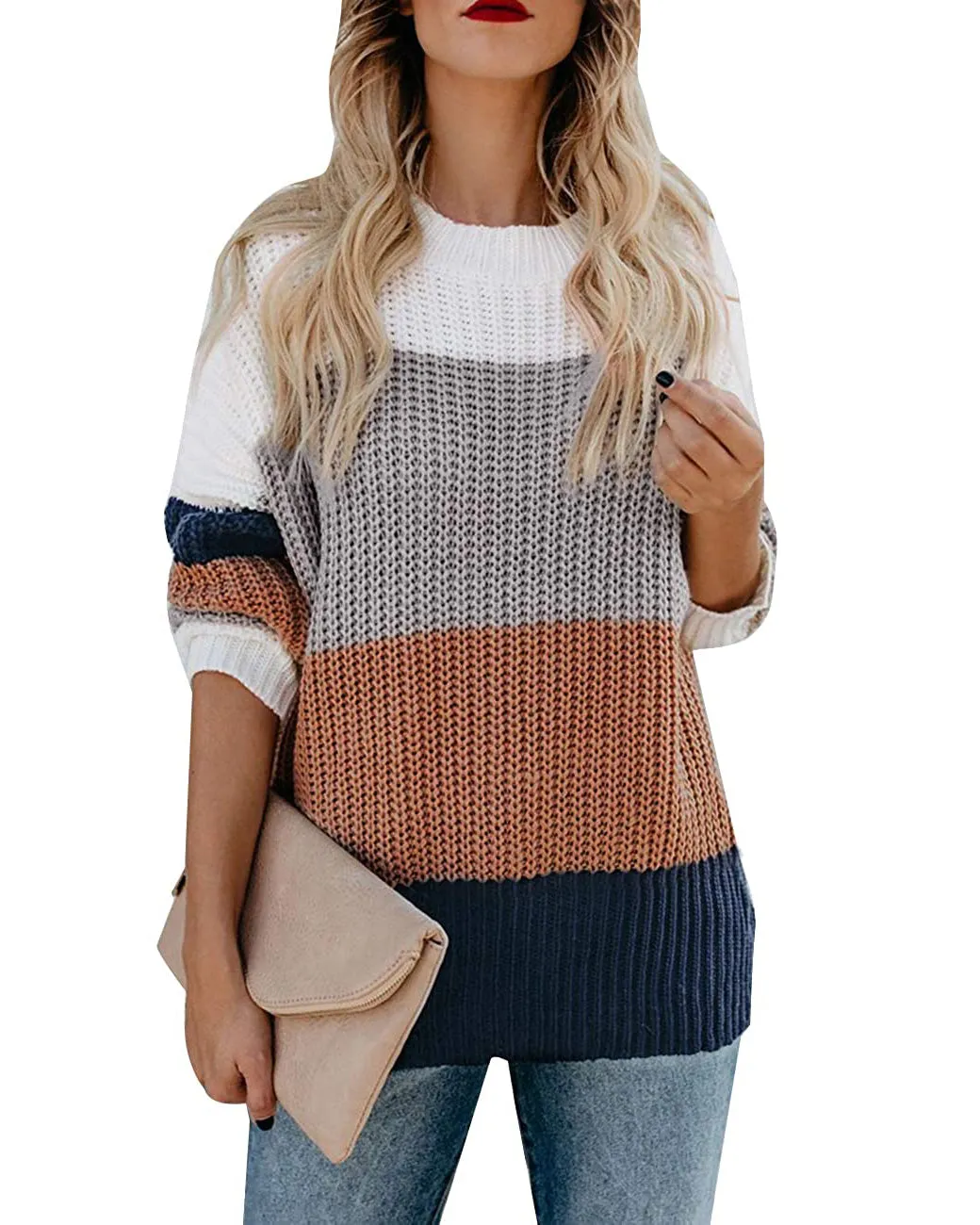 MEROKEETY Color Block Casual Pullover Knit Sweater