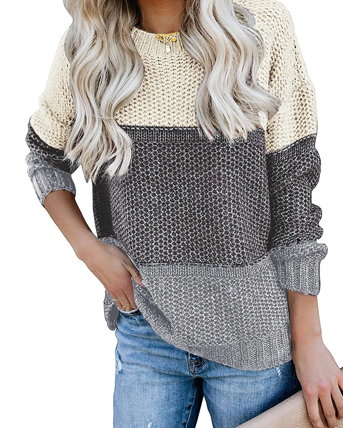 MEROKEETY Color Block Casual Pullover Knit Sweater