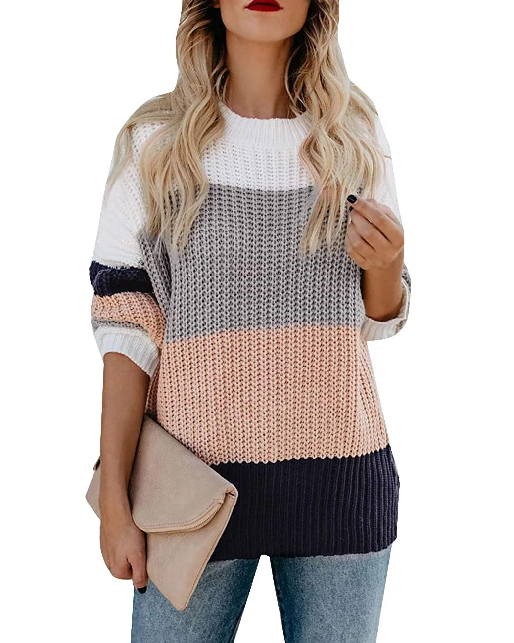 MEROKEETY Color Block Casual Pullover Knit Sweater