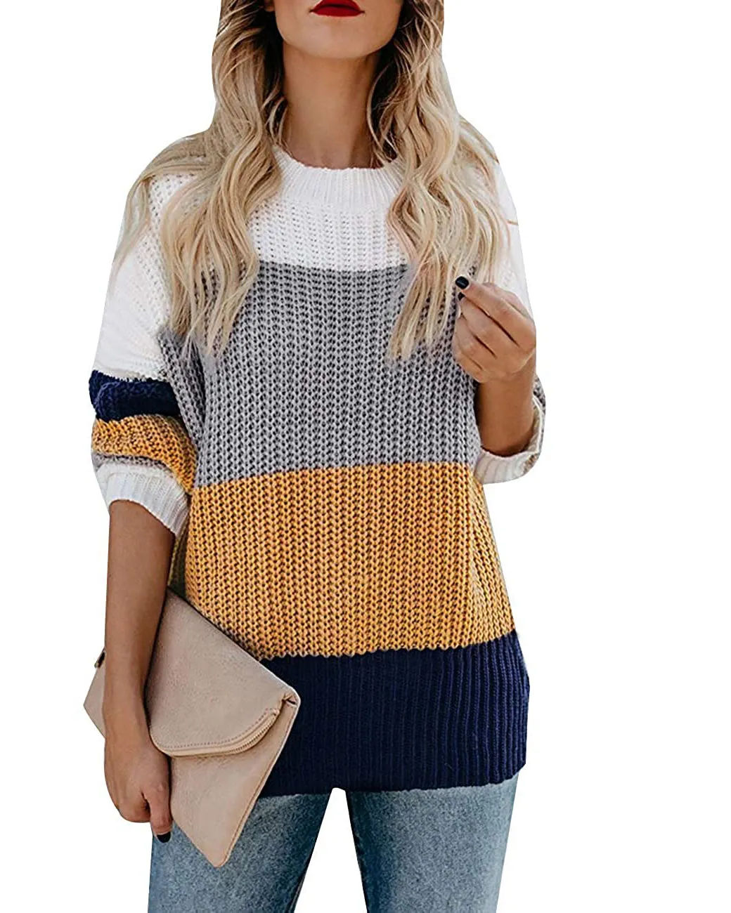 MEROKEETY Color Block Casual Pullover Knit Sweater