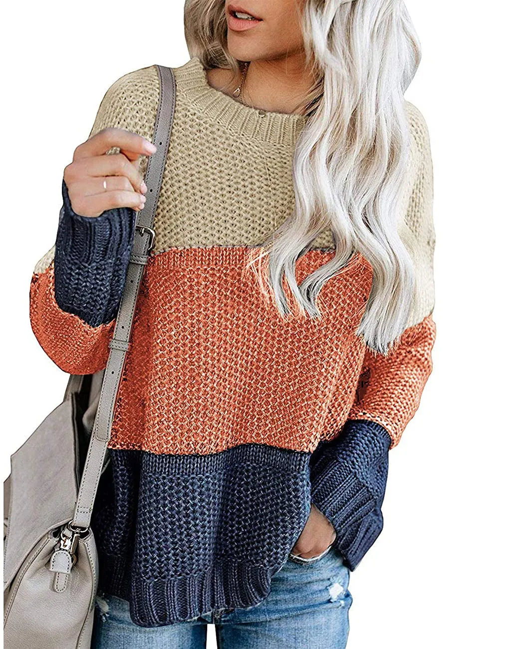 MEROKEETY Color Block Casual Pullover Knit Sweater