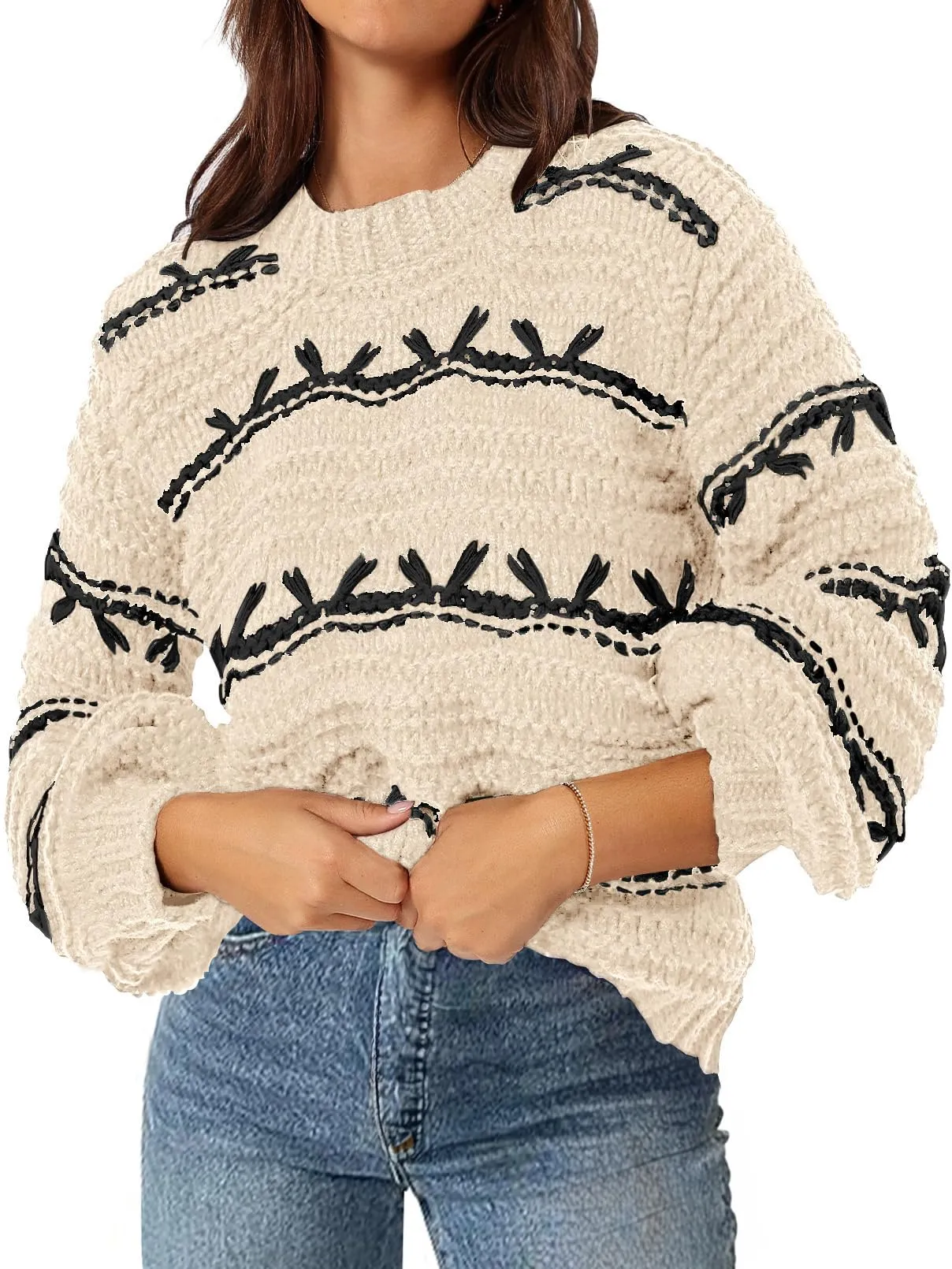 MEROKEETY Crew Neck Chunky Contrast Knit Pullover Sweaters