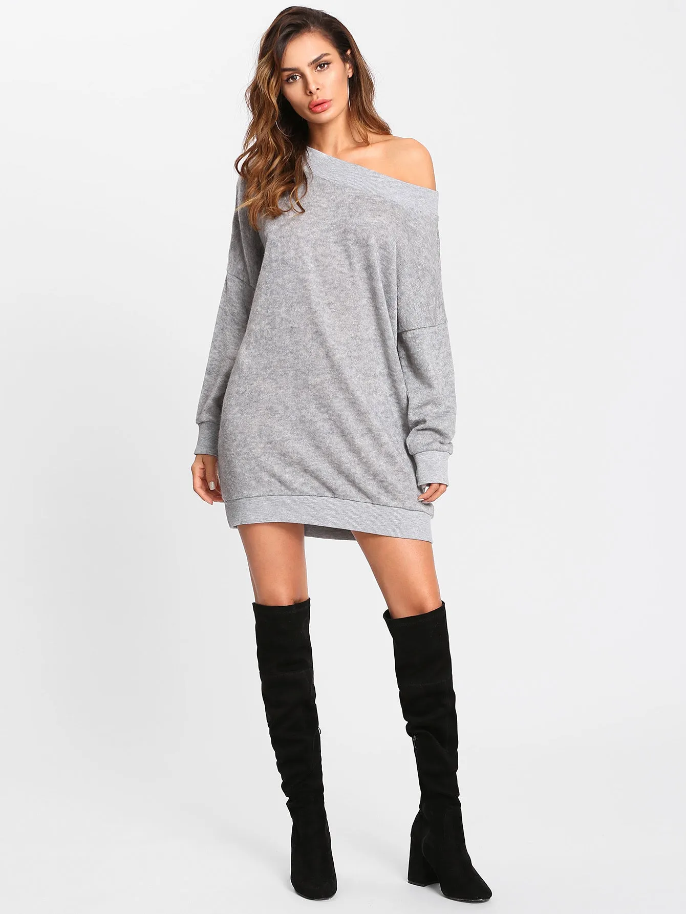 Off Shoulder Marled Knit Sweater Dress