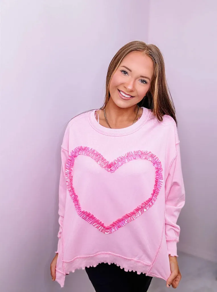 PINK RUFFLE HEART DROP SLEEVE SWEATSHIRT