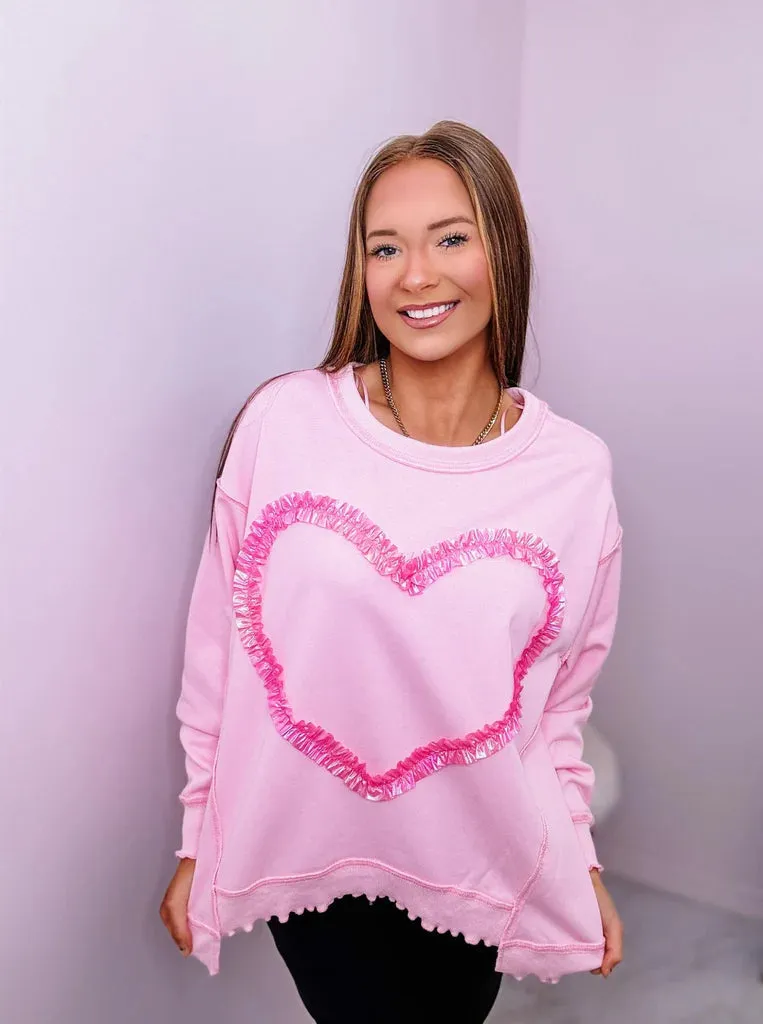 PINK RUFFLE HEART DROP SLEEVE SWEATSHIRT