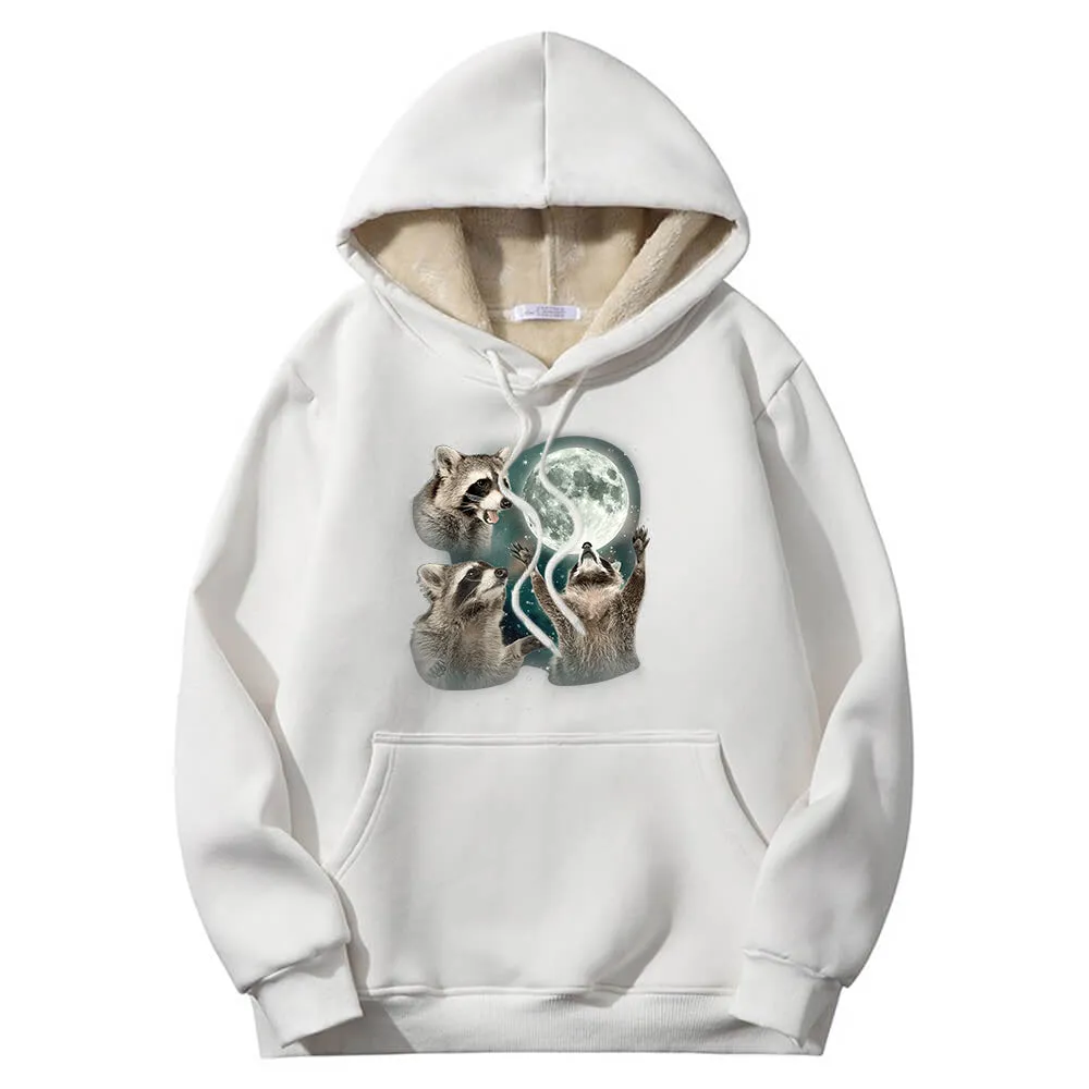 Racoons howling at the Moon Crew Collar Fleece Sherpa Hoodie