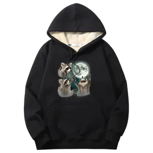 Racoons howling at the Moon Crew Collar Fleece Sherpa Hoodie