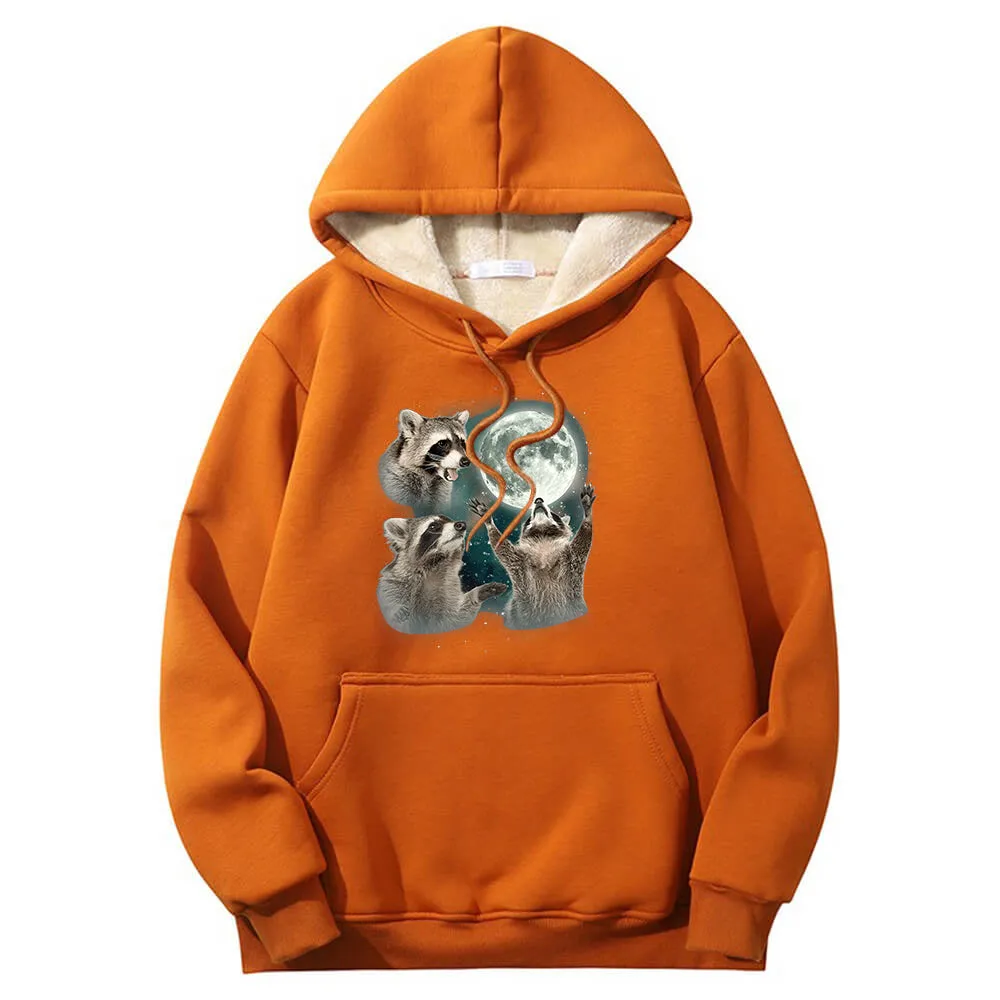 Racoons howling at the Moon Crew Collar Fleece Sherpa Hoodie