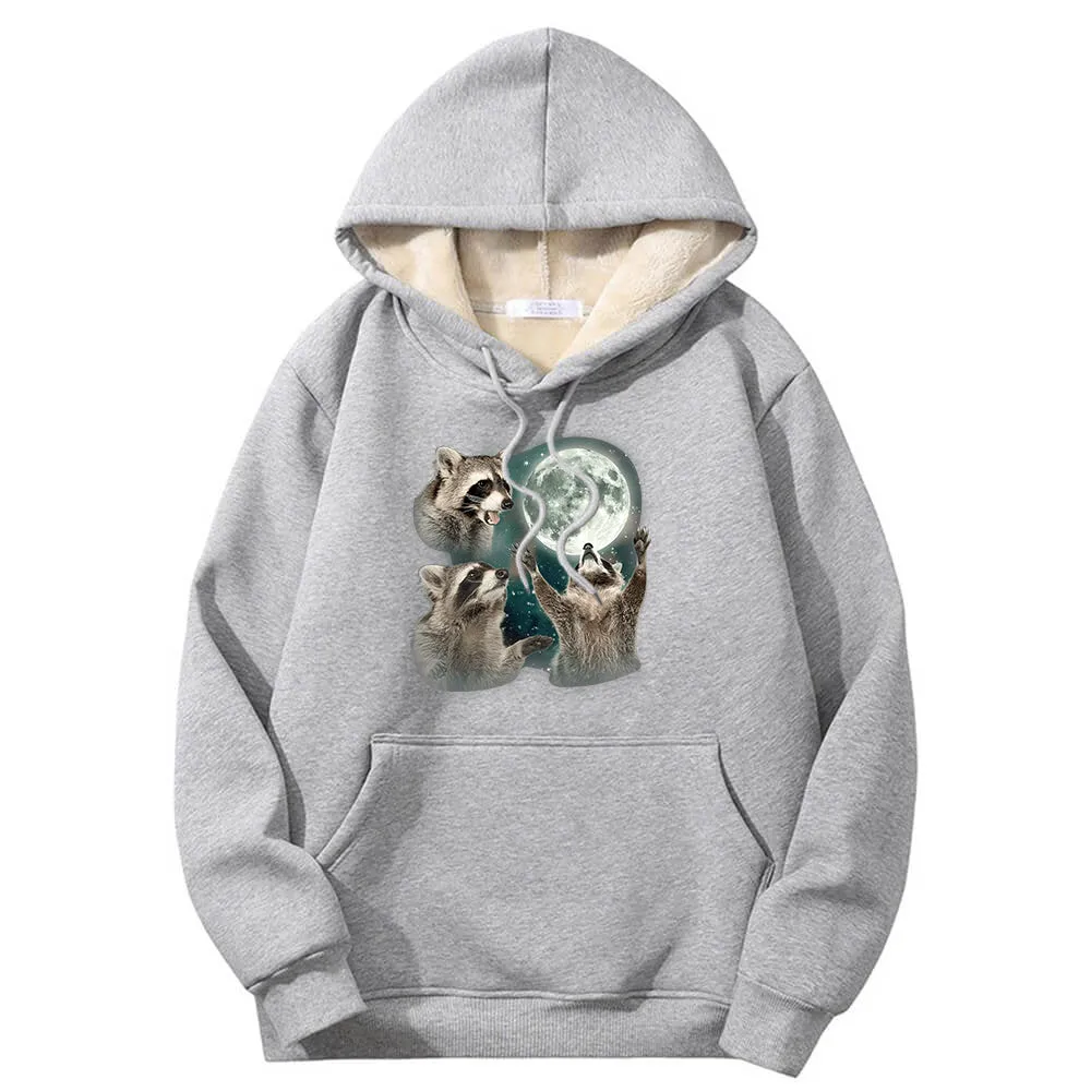 Racoons howling at the Moon Crew Collar Fleece Sherpa Hoodie