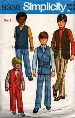 Simplicity 9336 Boys Shirt Pants Reversible Vests & Belt 1970s Vintage Sewing Pattern Size 8 UNCUT Factory Folded