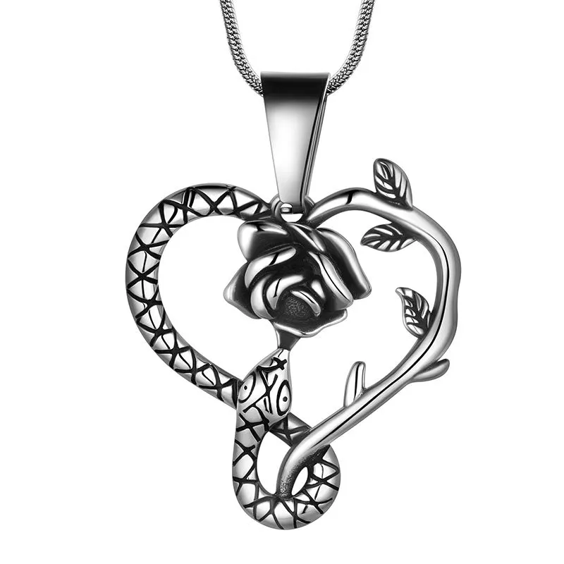 Tokyo Mart Men Snake Necklace Rose Heart Pendant Women Jewelry Stainless Steel