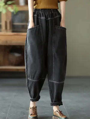 Women Spliced Denim Fleece-lined Pants